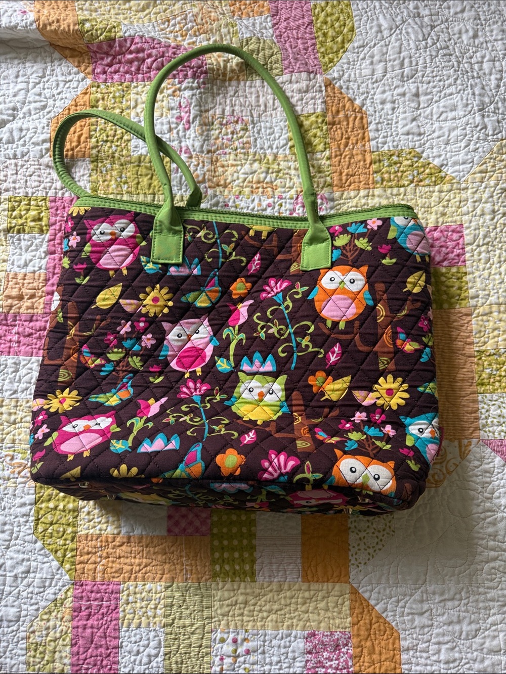 Quilted Owl Tote Bag in Brown and Green - Women's Handbag